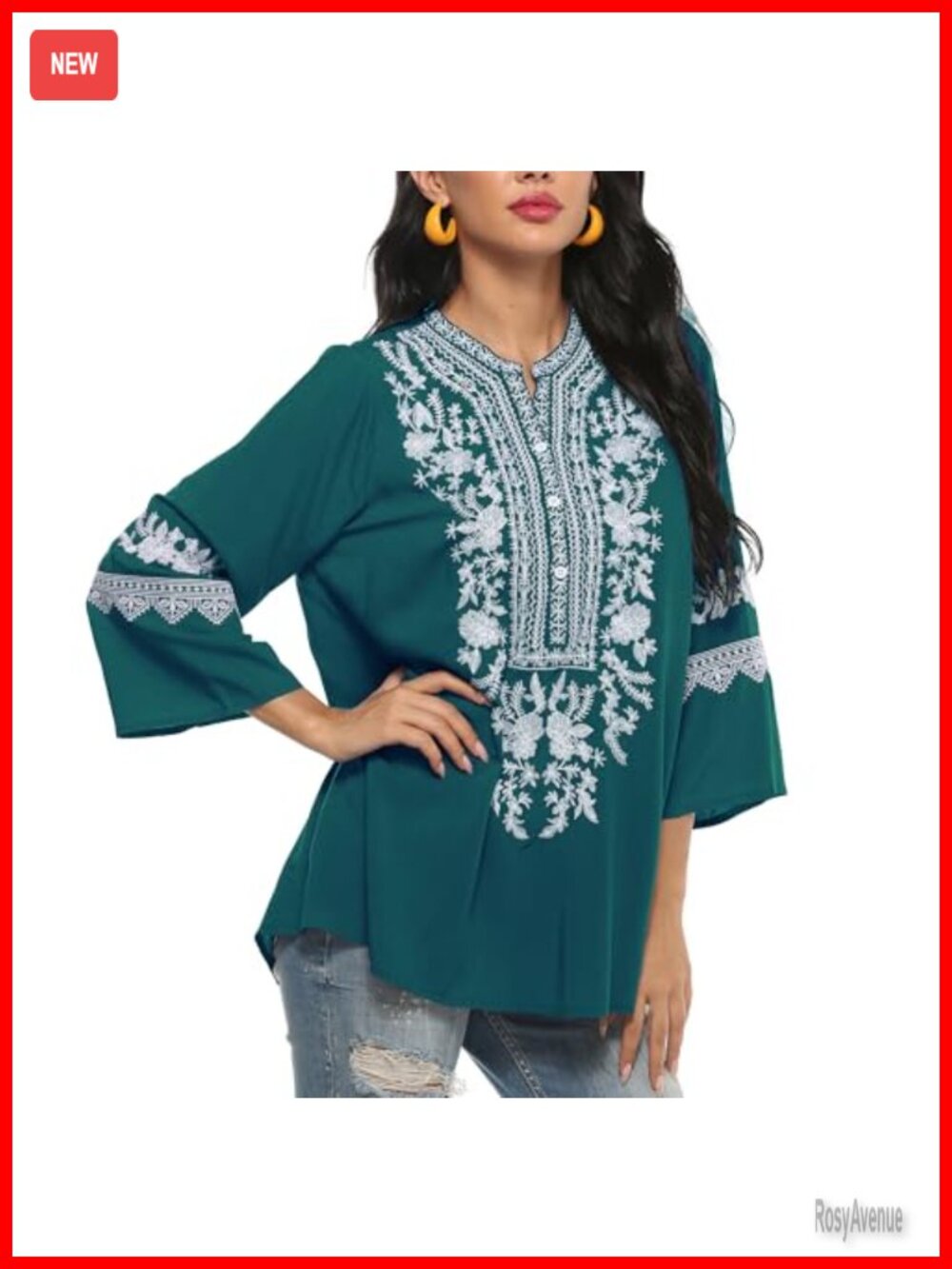 Embroidered Boho Peasant Tunic Top 3/4 Sleeve Flowy Plus Size Blouse